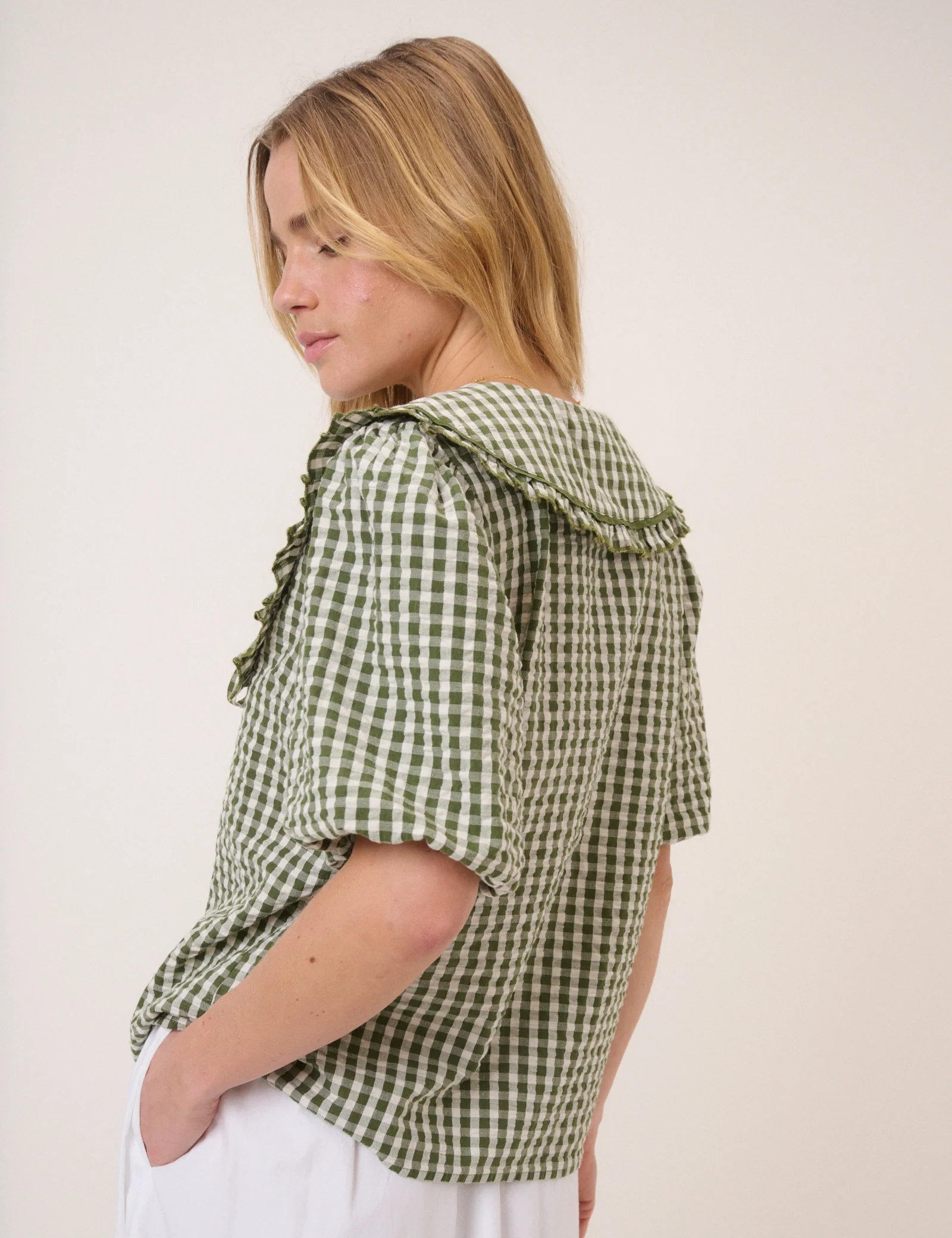 Green Gingham Ruffle Collar Blouse - Image 5