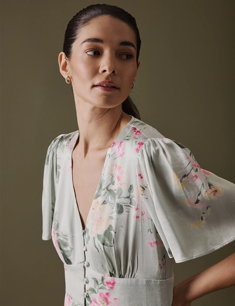 Floral Green V Neck Midi Erin Dress - Image 2