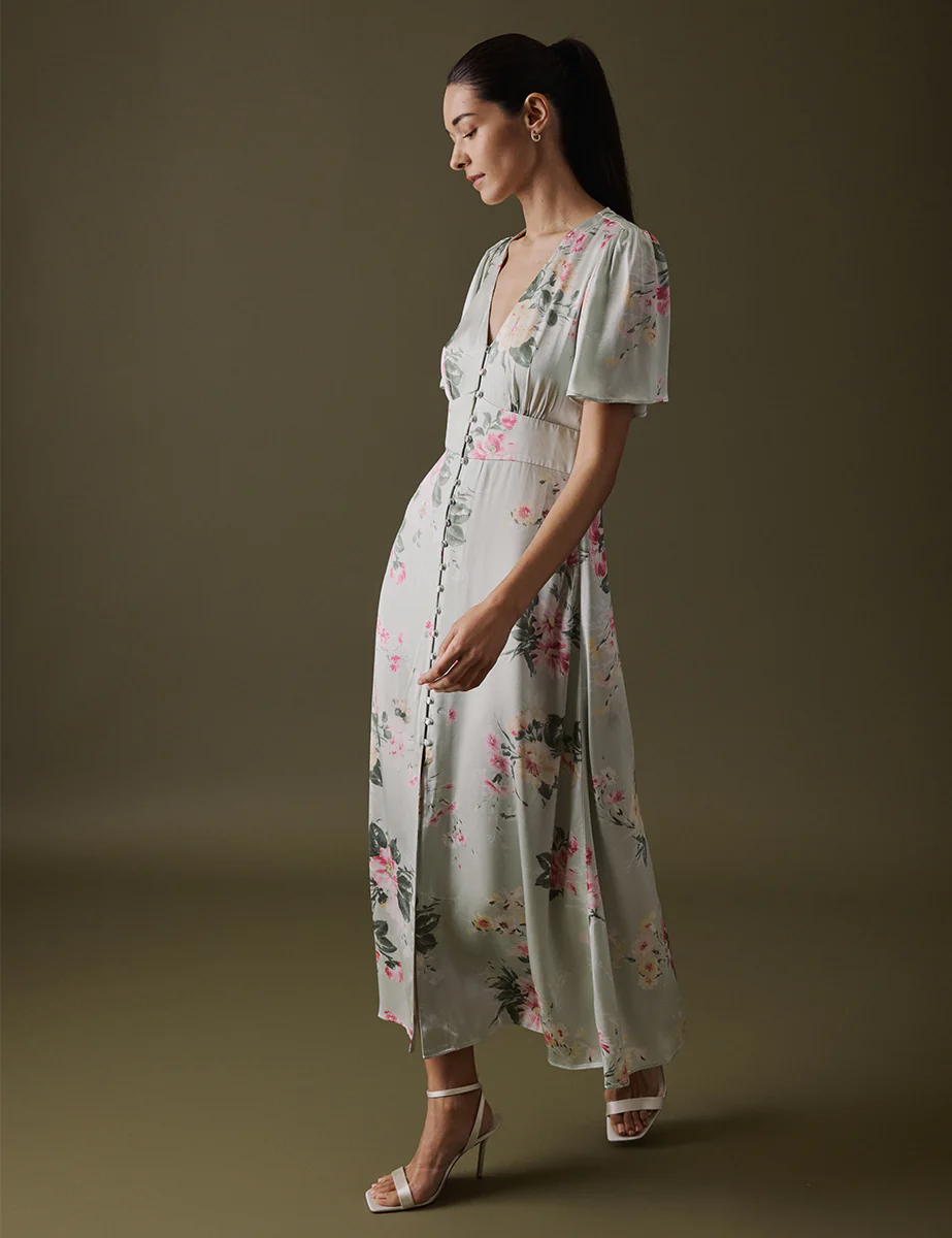 Floral Green V Neck Midi Erin Dress - Image 3