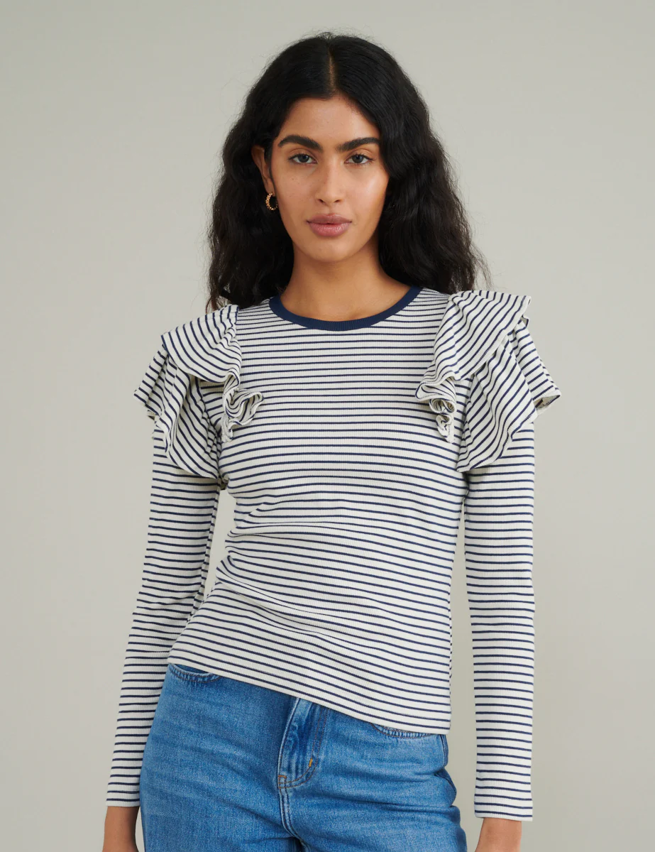 Blue And White Stripe Frill Shoulder Top