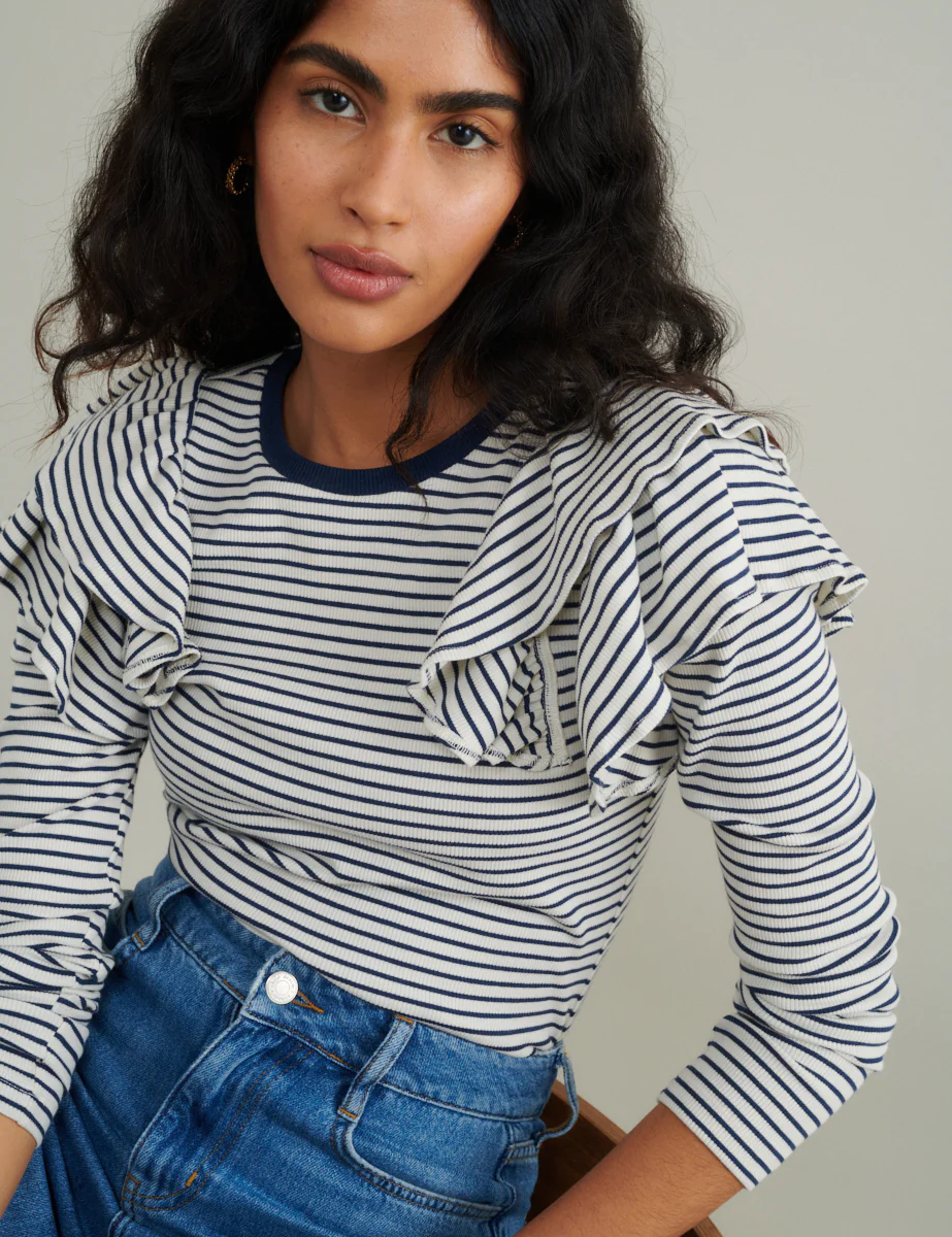 Blue And White Stripe Frill Shoulder Top - Image 2