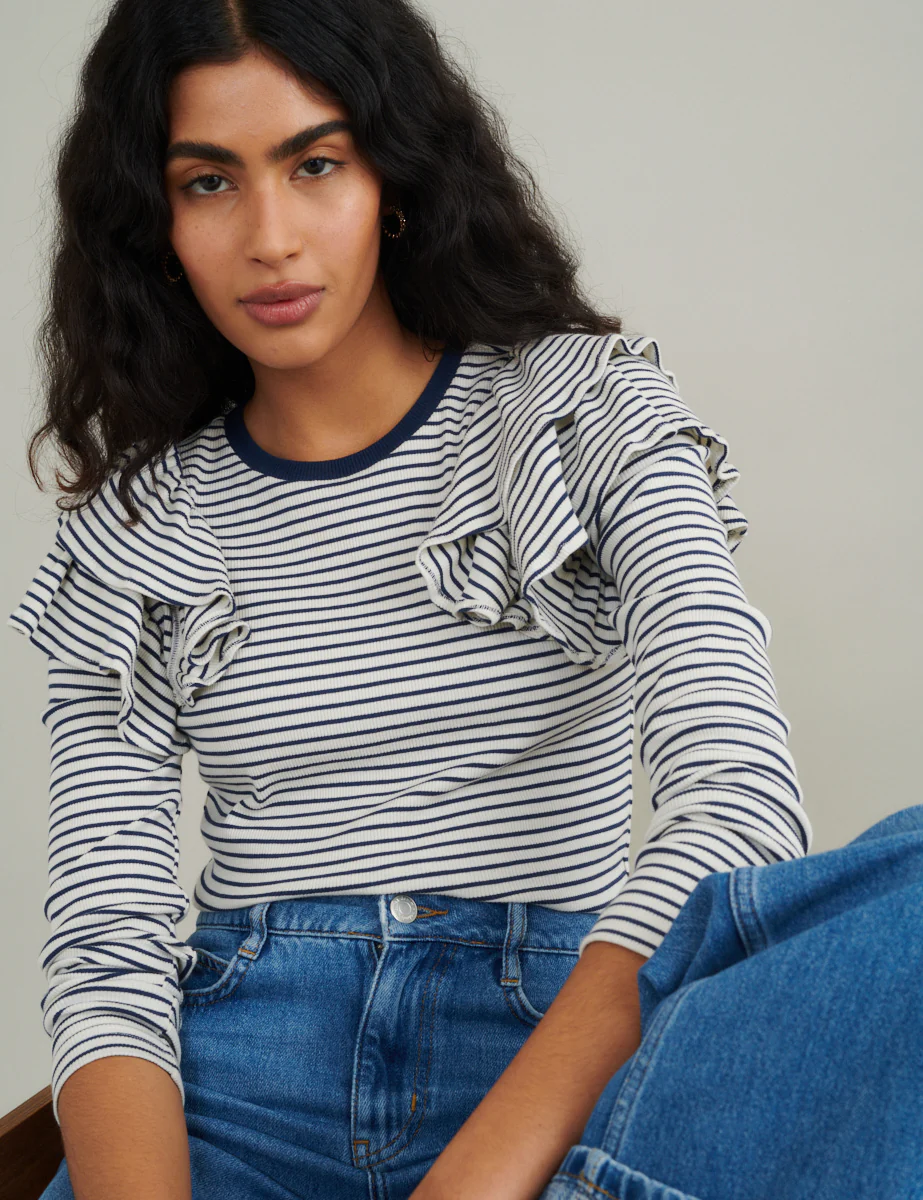 Blue And White Stripe Frill Shoulder Top - Image 4