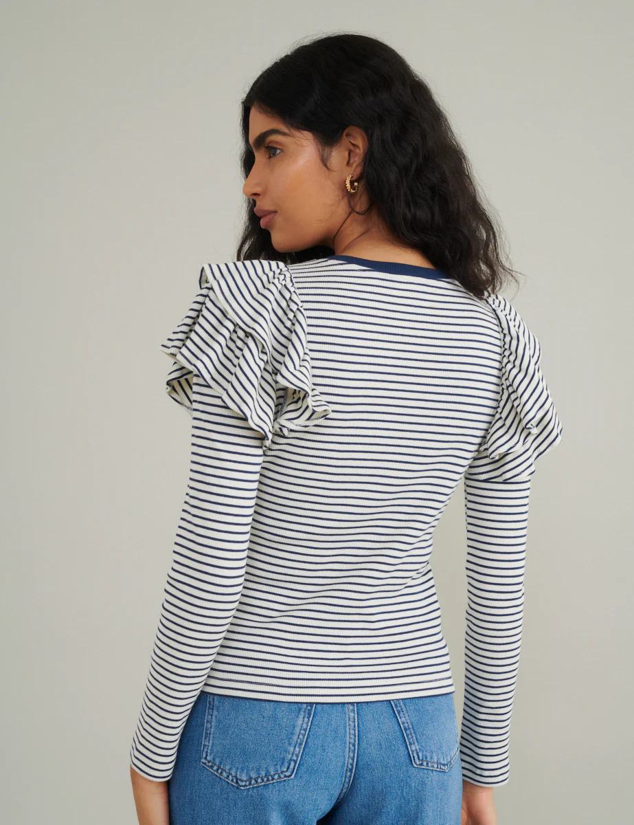 Blue And White Stripe Frill Shoulder Top - Image 5