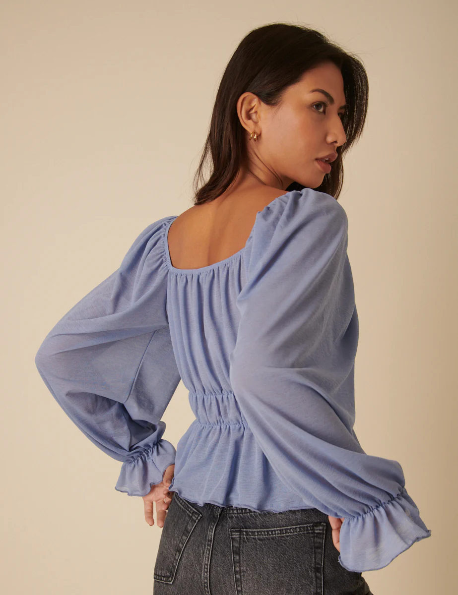 Blue Balloon Sleeve Square Neck Blouse - Image 4