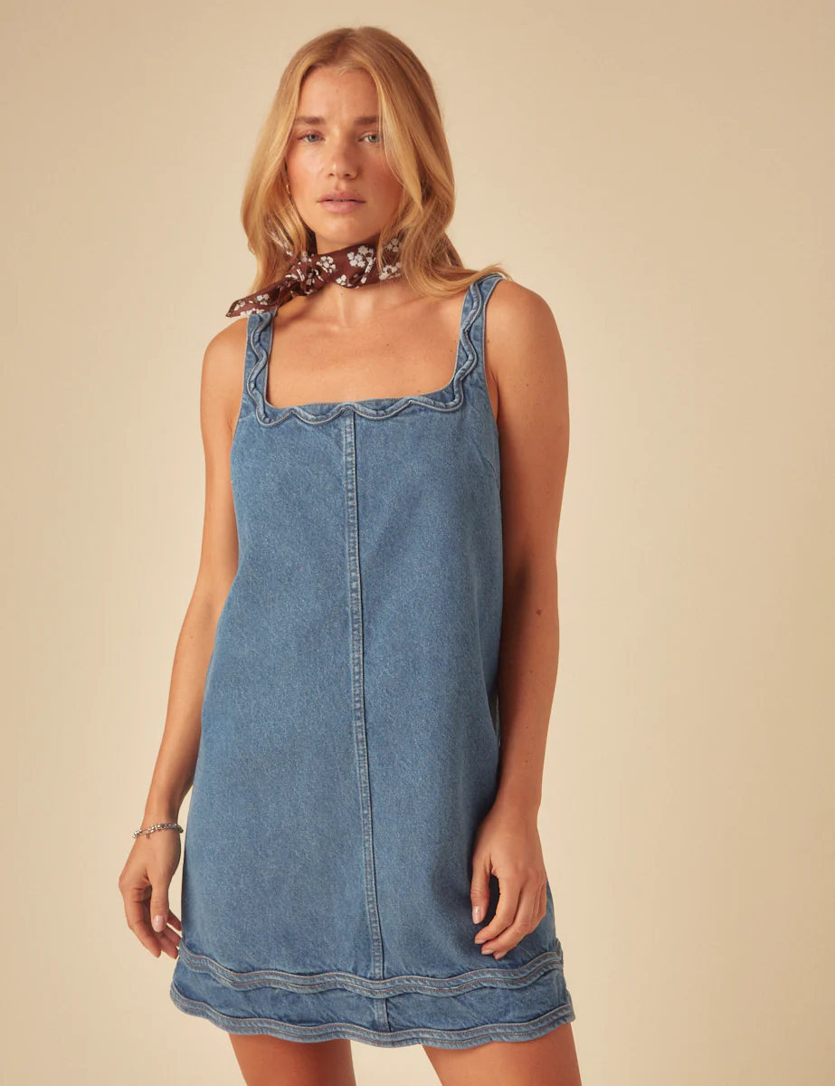 Blue Denim A-line Violet Mini Dress - Image 2