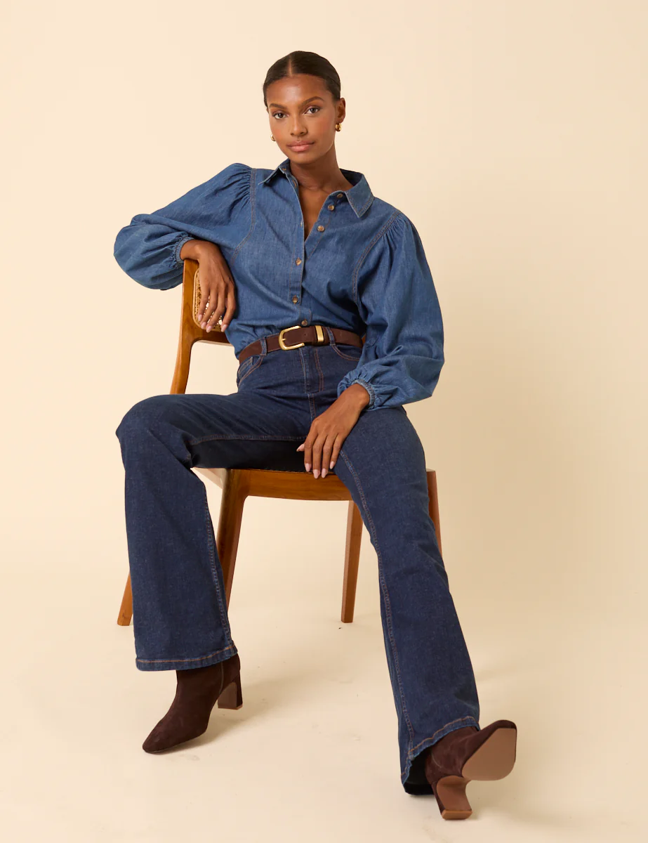 Blue Denim Balloon Sleeve Blouse - Image 4