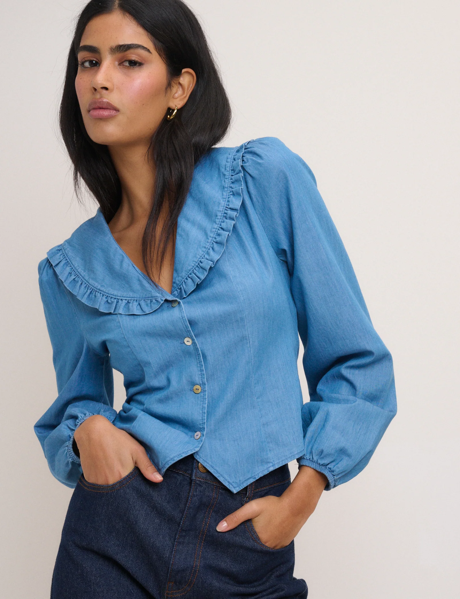 Blue Denim Frill Long Sleeve Blouse - Image 3