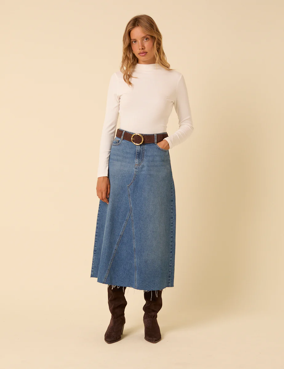 Blue Denim A-Line Midi Skirt - Image 2