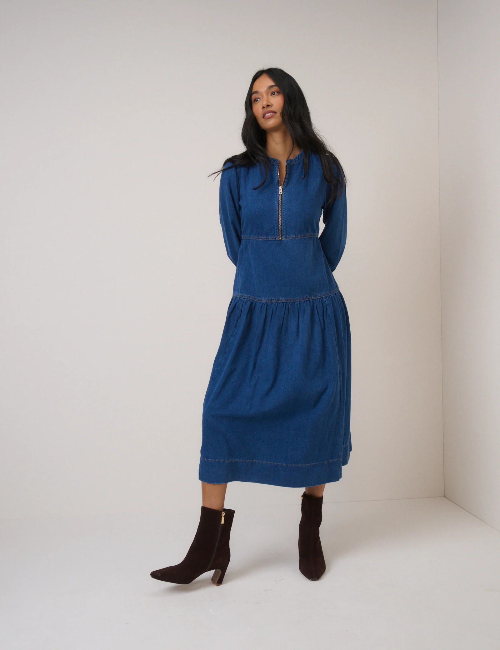 Blue Denim Zip Neck Midi Smock Dress - Image 3