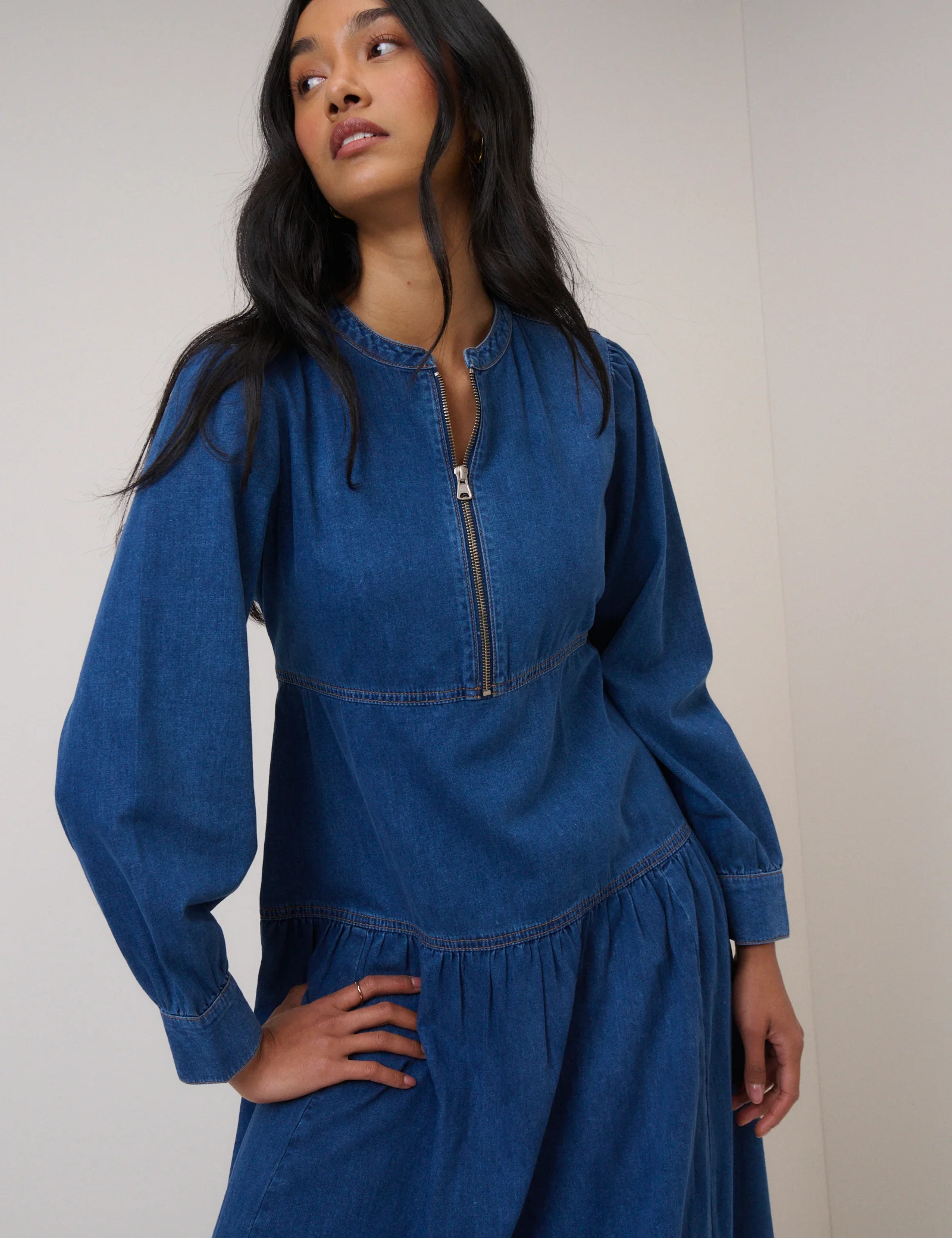 Blue Denim Zip Neck Midi Smock Dress - Image 4