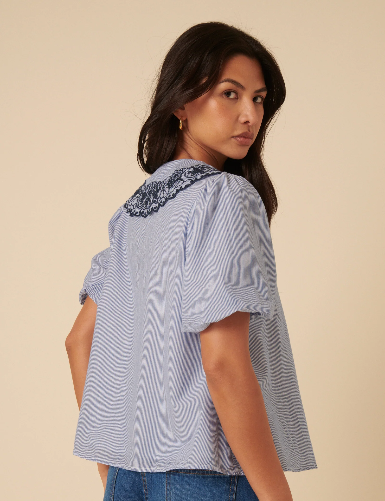 Blue Embroidered Collared Striped Blouse - Image 4