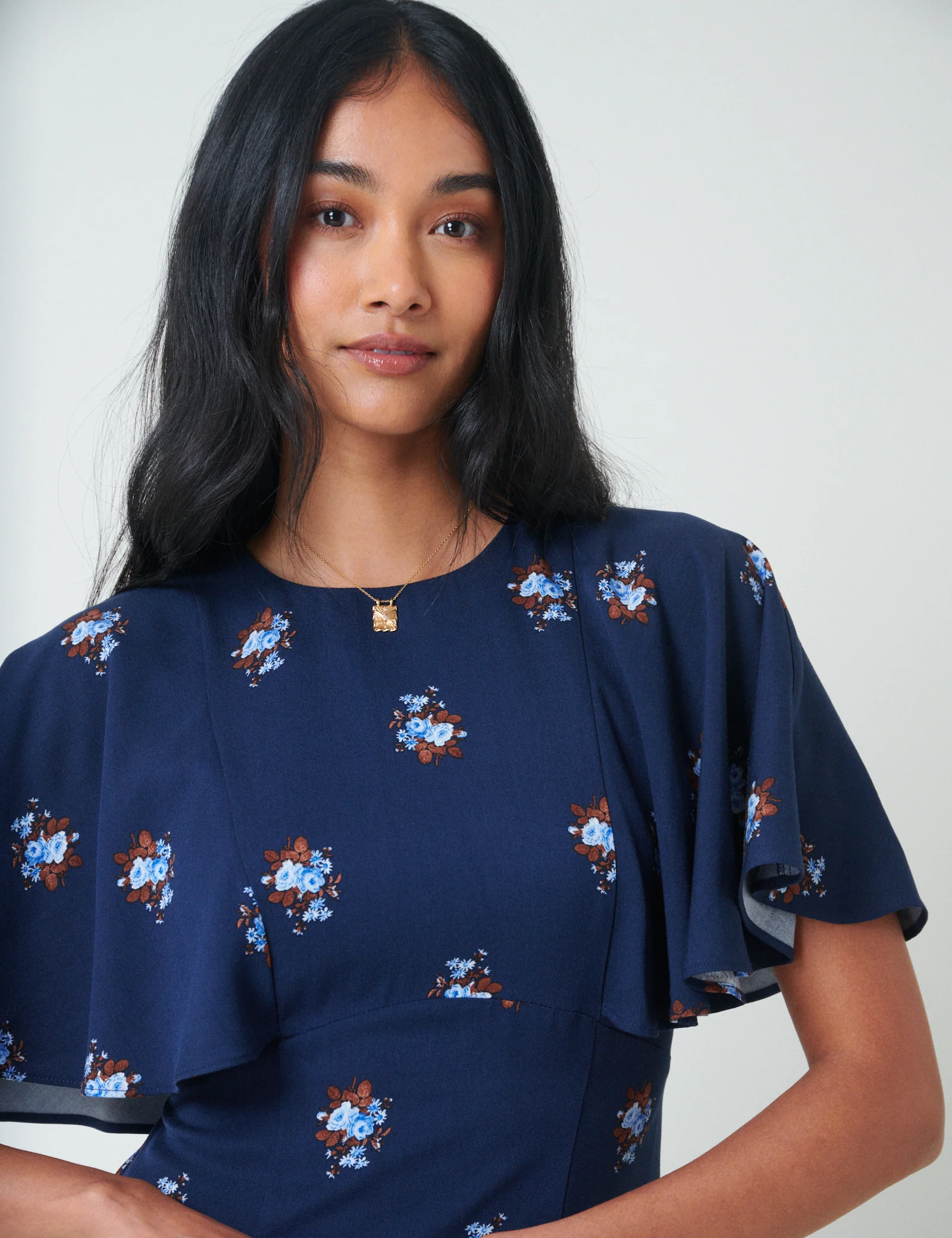 Blue Floral Frill Sleeve Verona Midi Dress - Image 4