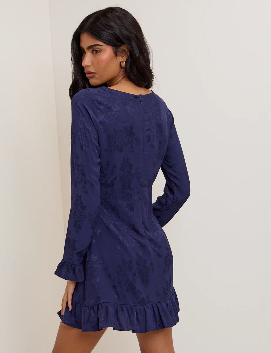 Blue Floral Satin Jacquard Long Sleeve Frill Bella Mini Dress - Image 5