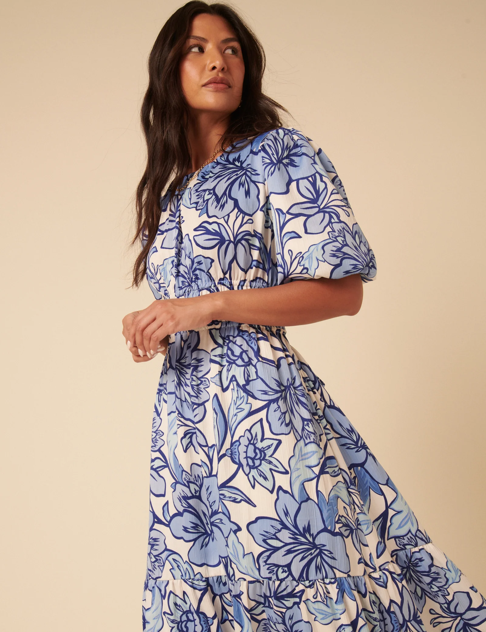 Blue Floral Puff Sleeve Zelda Midi Dress - Image 3