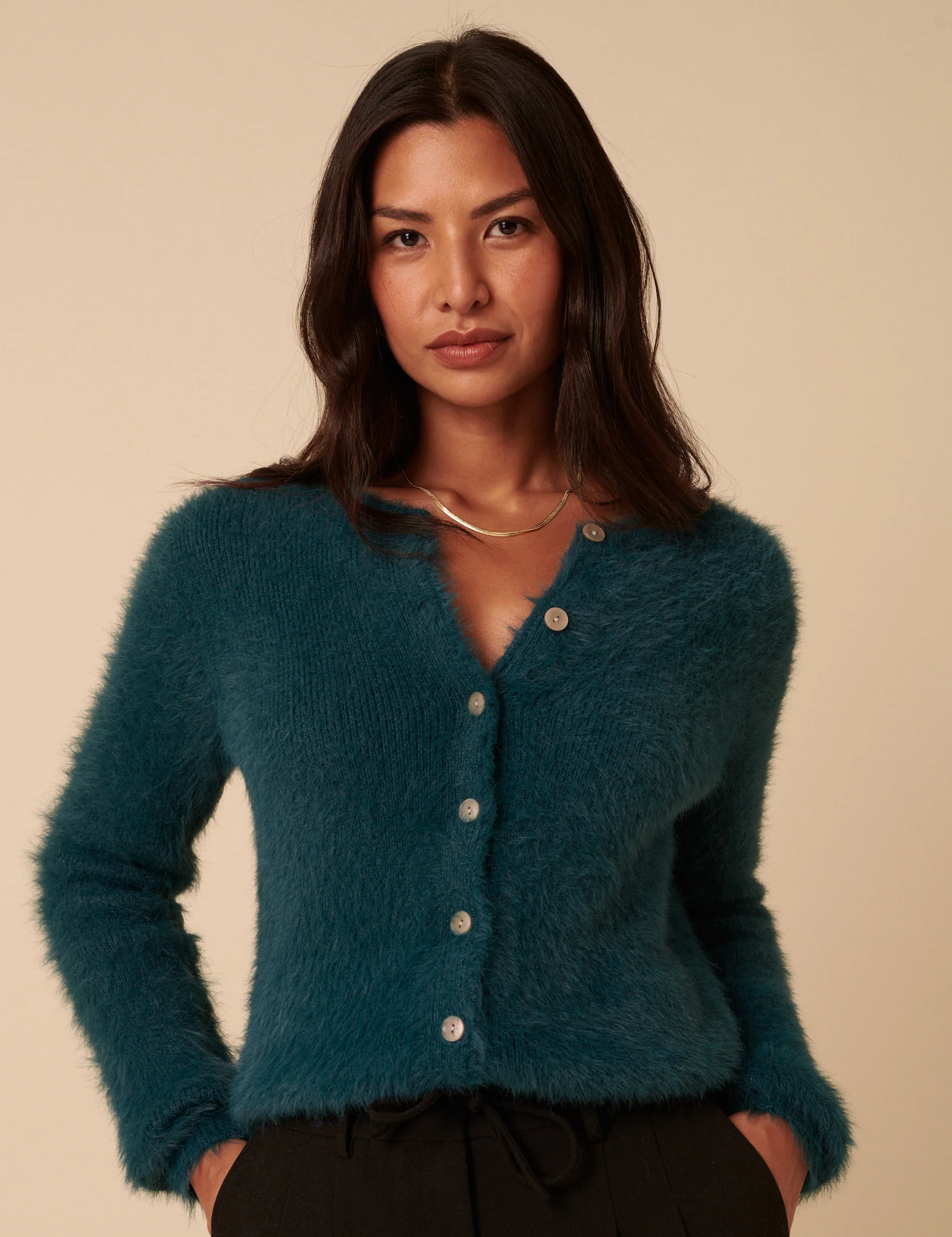 Teal Fluffy Long Sleeve Knitted Cardigan - Image 3