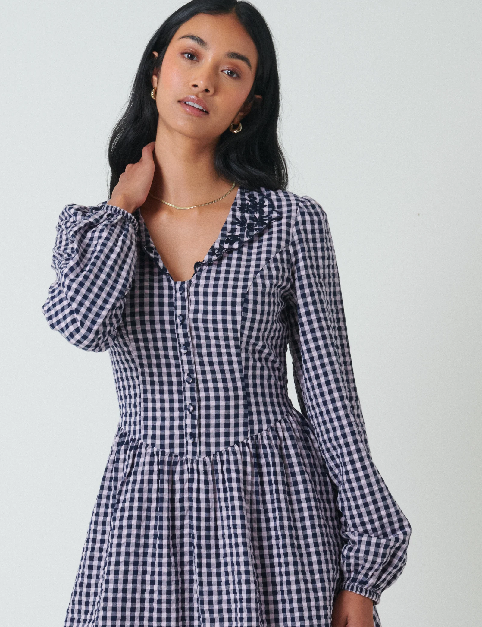 Blue Gingham Floral Collar Sienna Mini Dress - Image 3