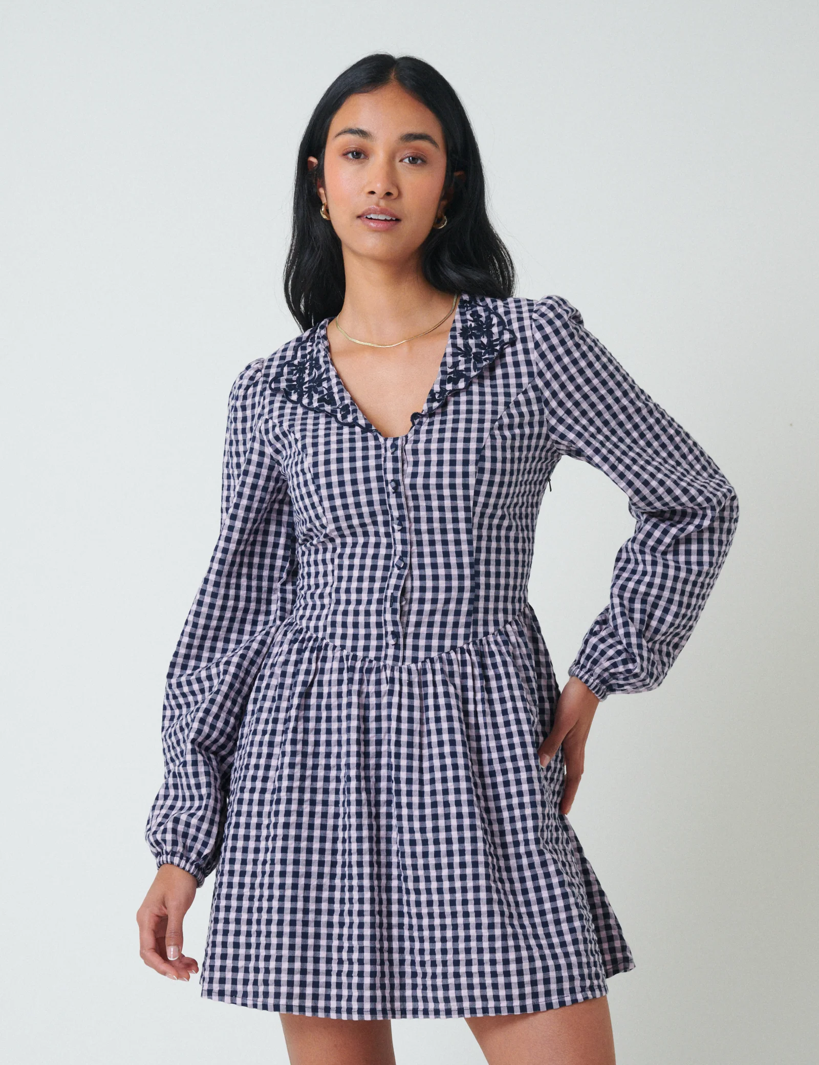 Blue Gingham Floral Collar Sienna Mini Dress - Image 4