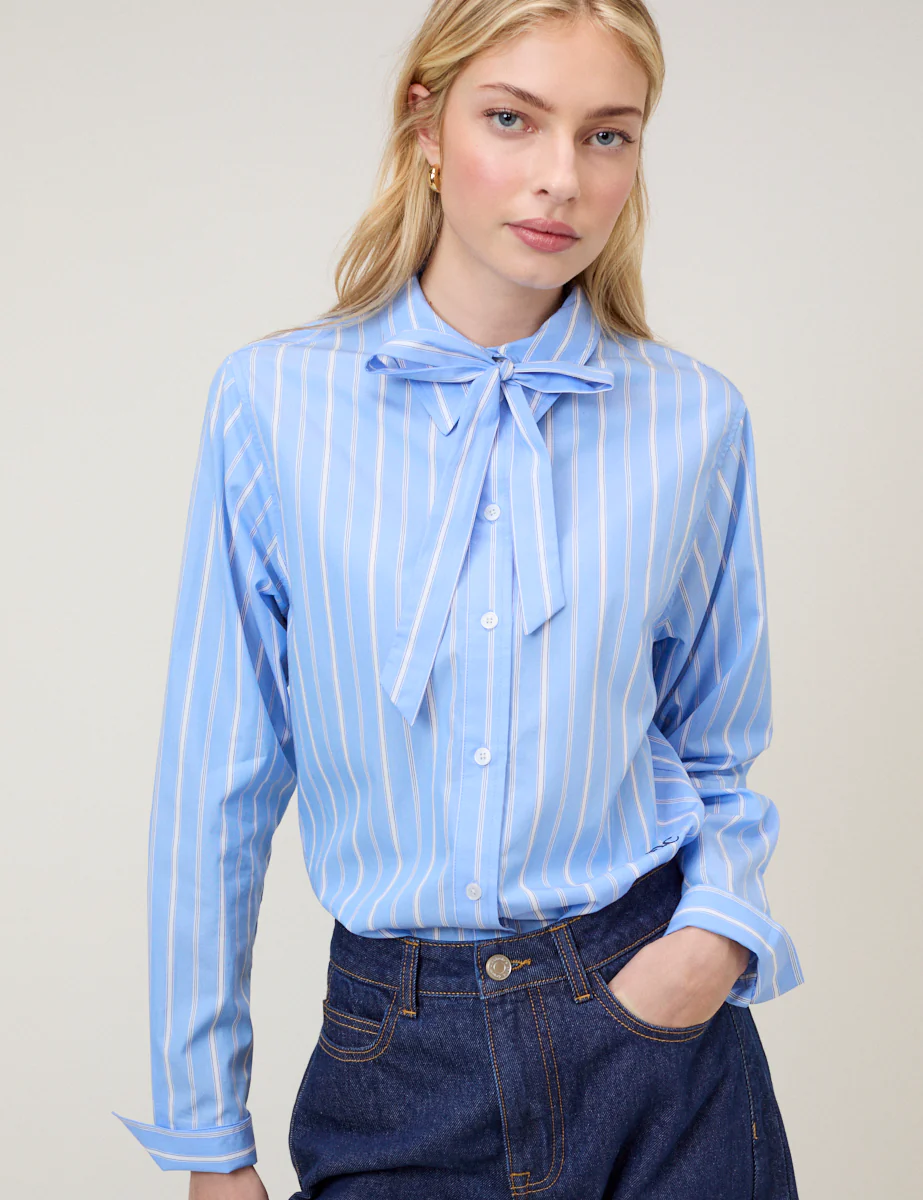 Blue Pinstripe Bow Collar Shirt - Image 3