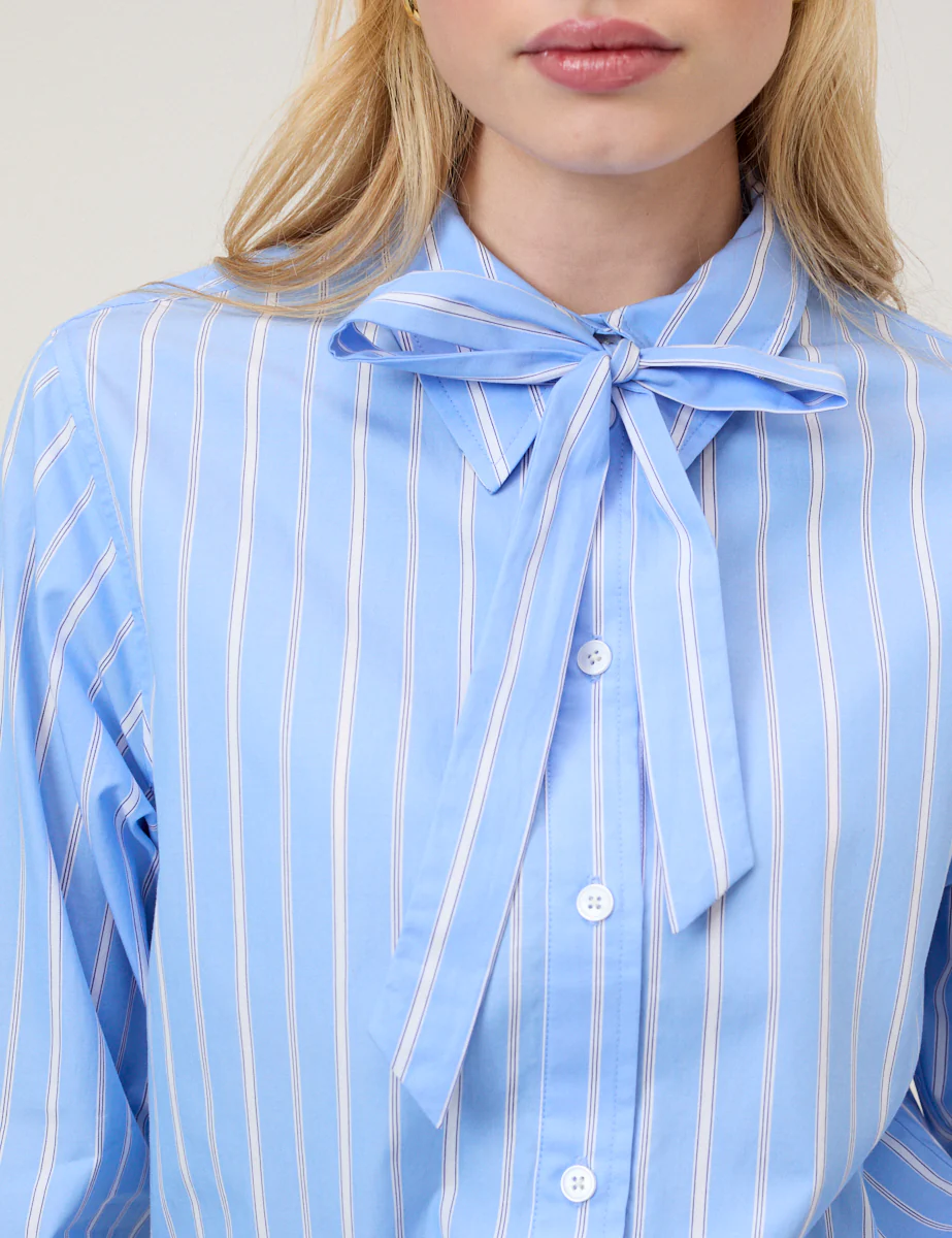 Blue Pinstripe Bow Collar Shirt - Image 4