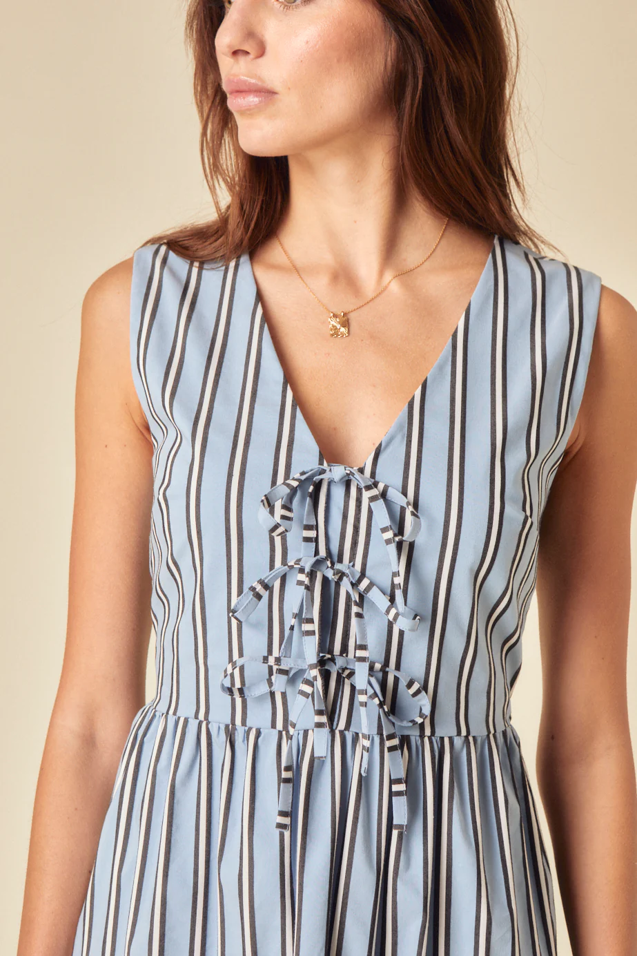 Blue Pinstripe Tie Front Posey Midi Dress - Image 3