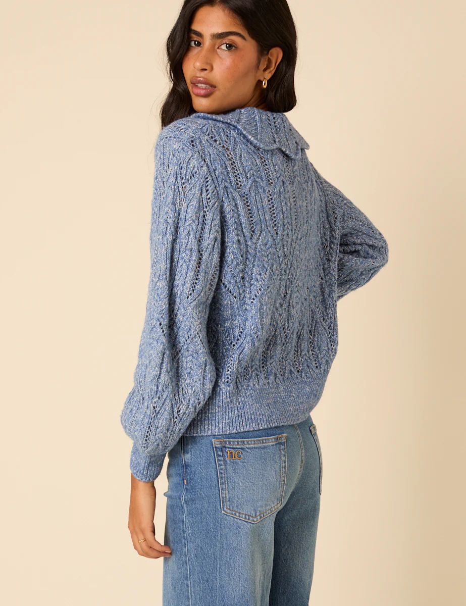 Blue Pointelle Collared Knitted Cardigan - Image 5