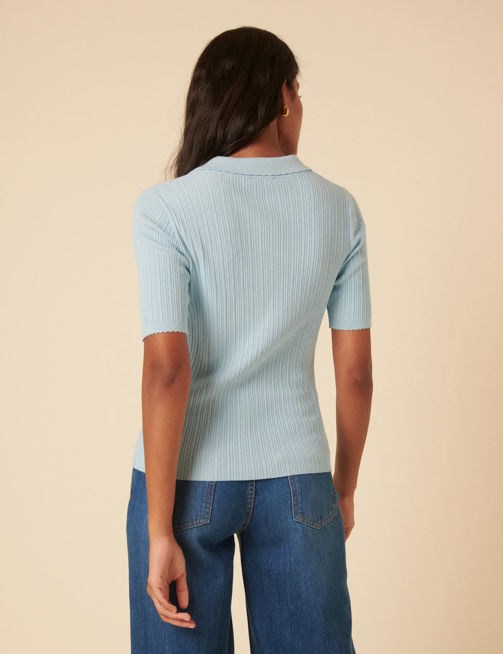 Blue Ribbed Polo Knitted Top - Image 5