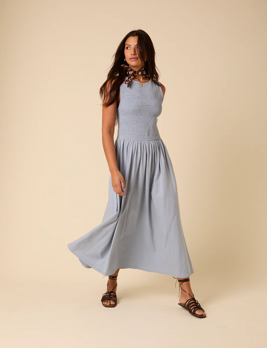 Blue Shirred Bodice Billie Midi Dress - Image 4