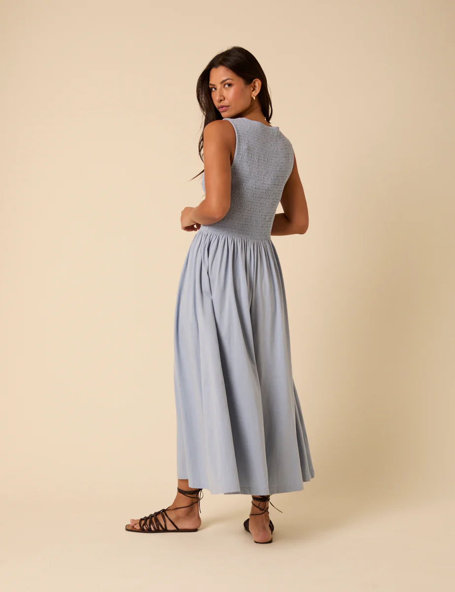 Blue Shirred Bodice Billie Midi Dress - Image 5