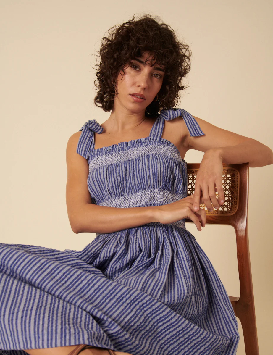 Blue Striped Ruched Marissa Midi Dress - Image 2