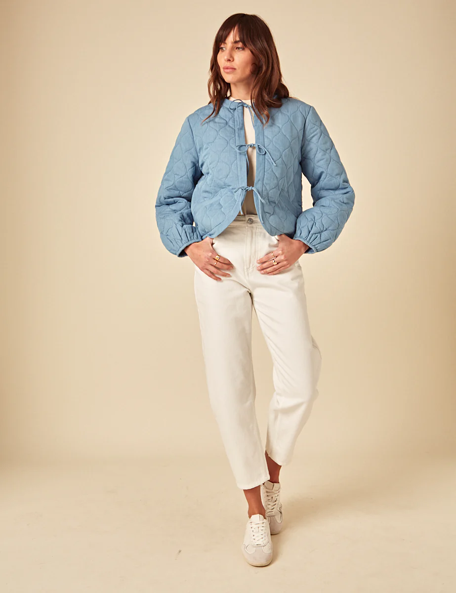 Blue Tie-Front Quilted Jacket - Image 2