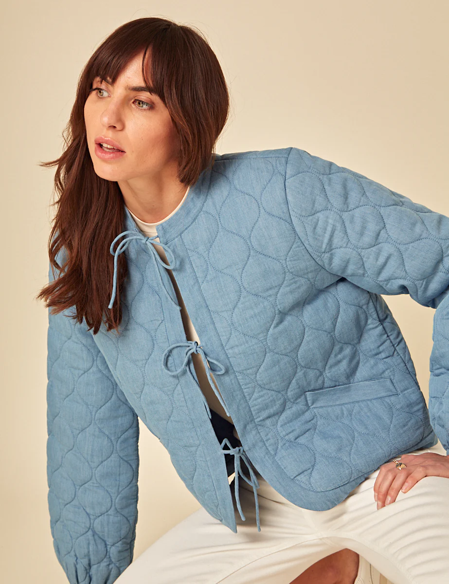 Blue Tie-Front Quilted Jacket - Image 3