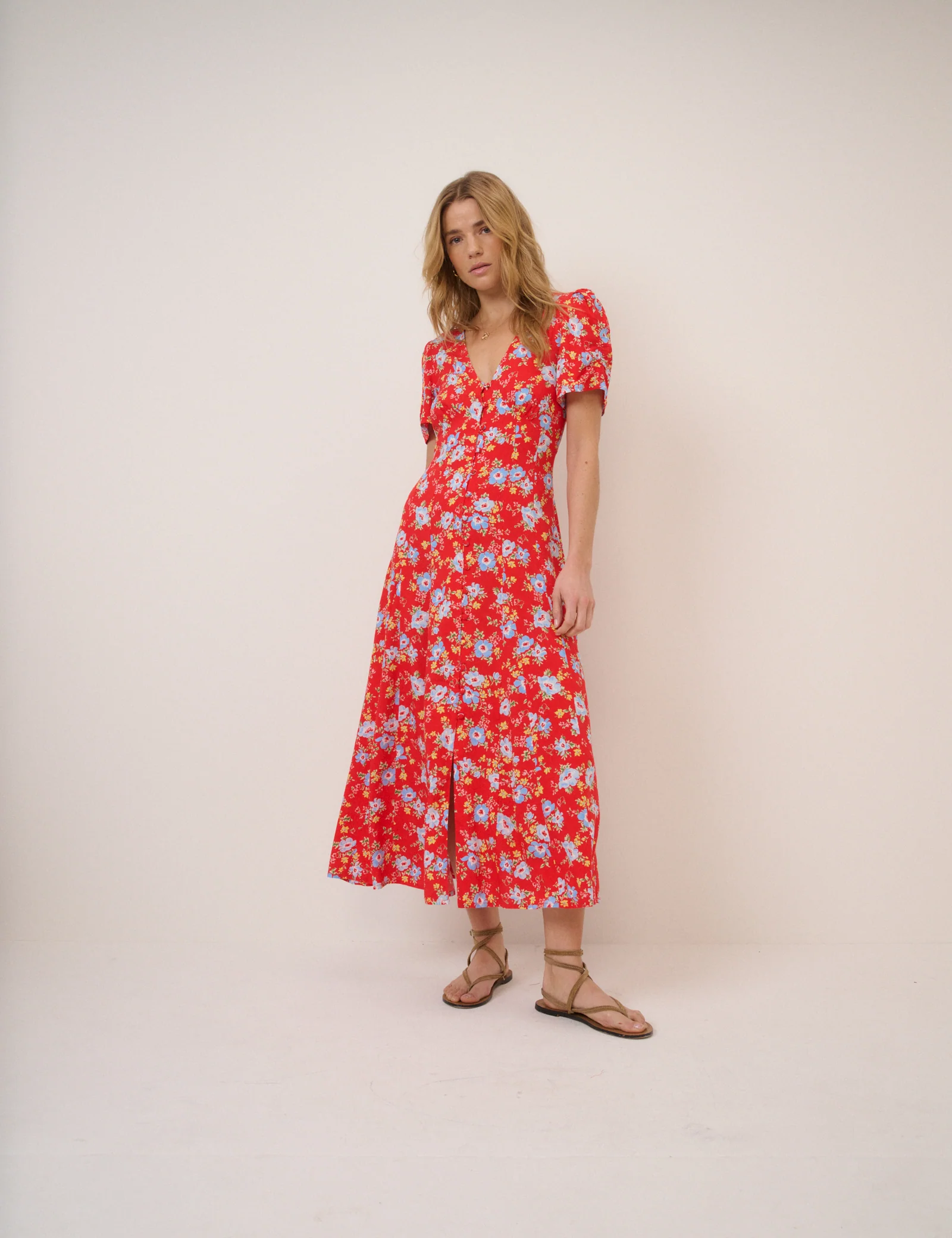 Red Floral Bonnie Midi Dress
