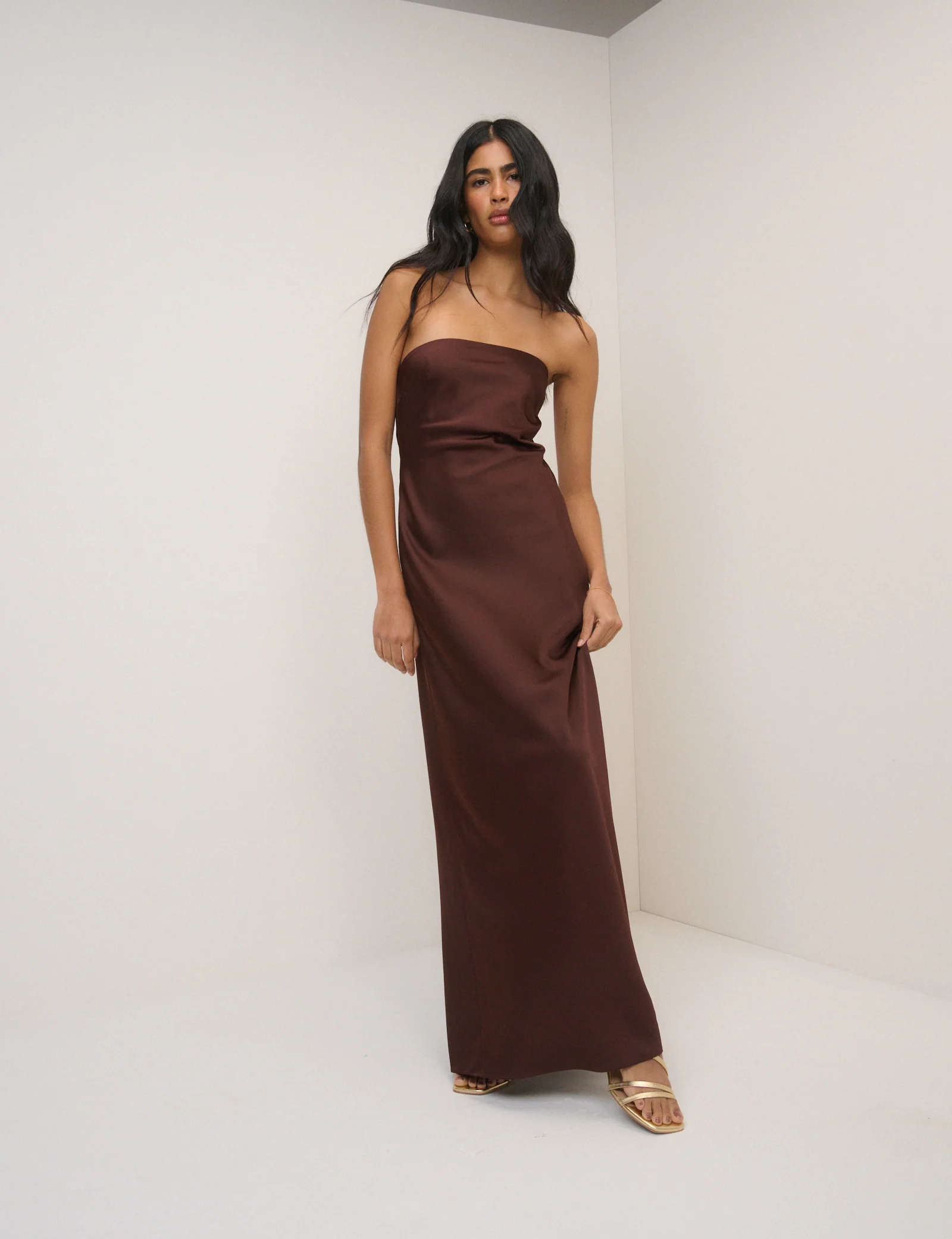 Chocolate Brown Satin Bandeau Arden Maxi Dress
