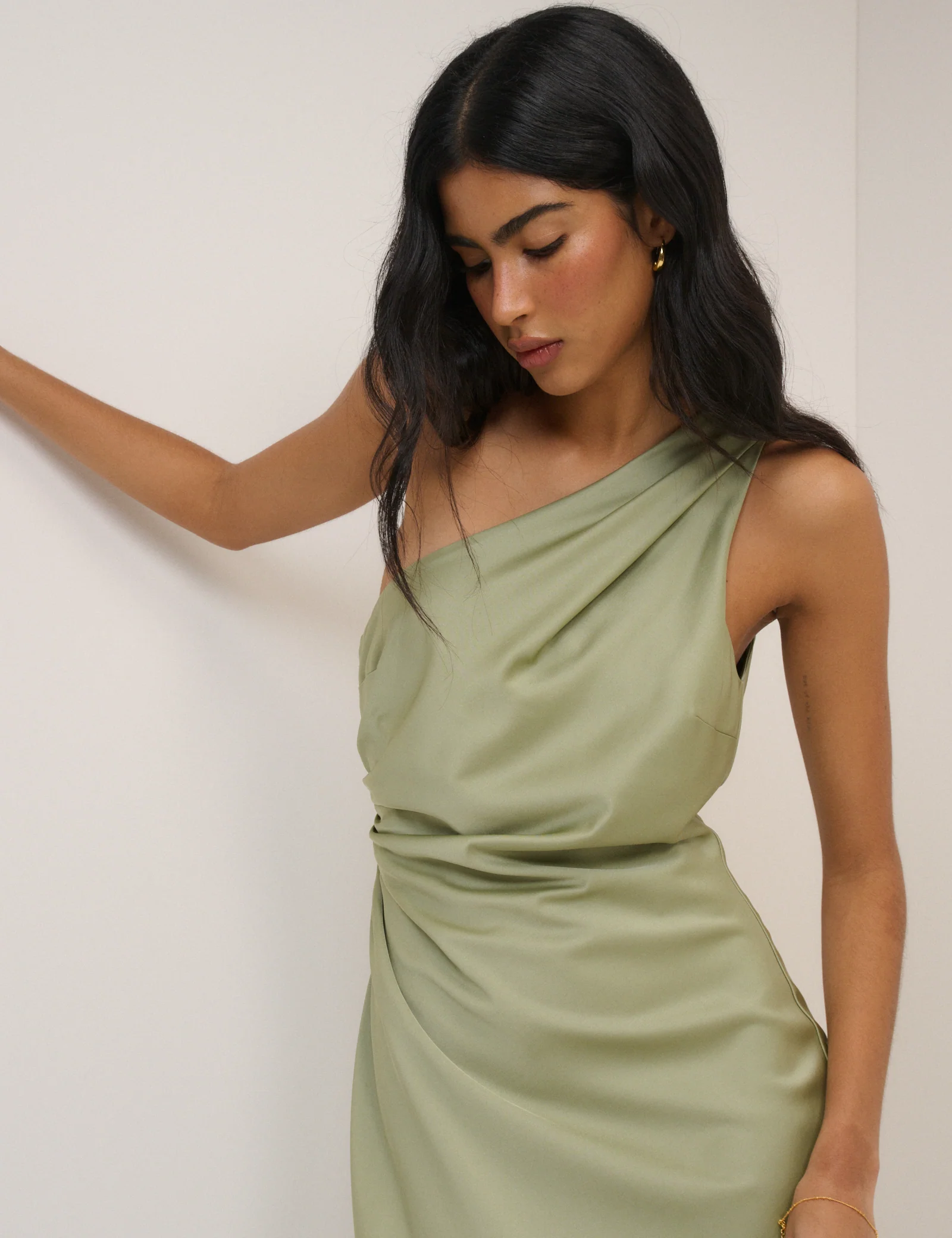Sage Satin One-Shoulder Sloane Maxi Dress - Image 5