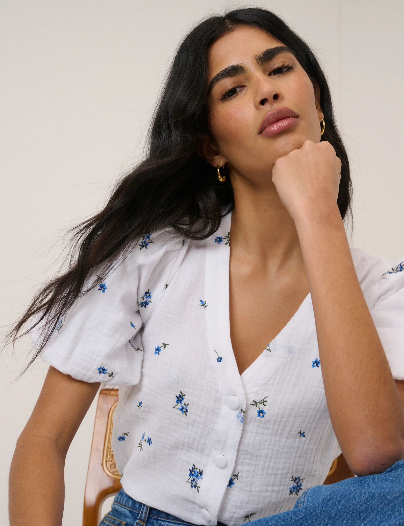 White Ditsy Floral Puff Sleeve Top - Image 4