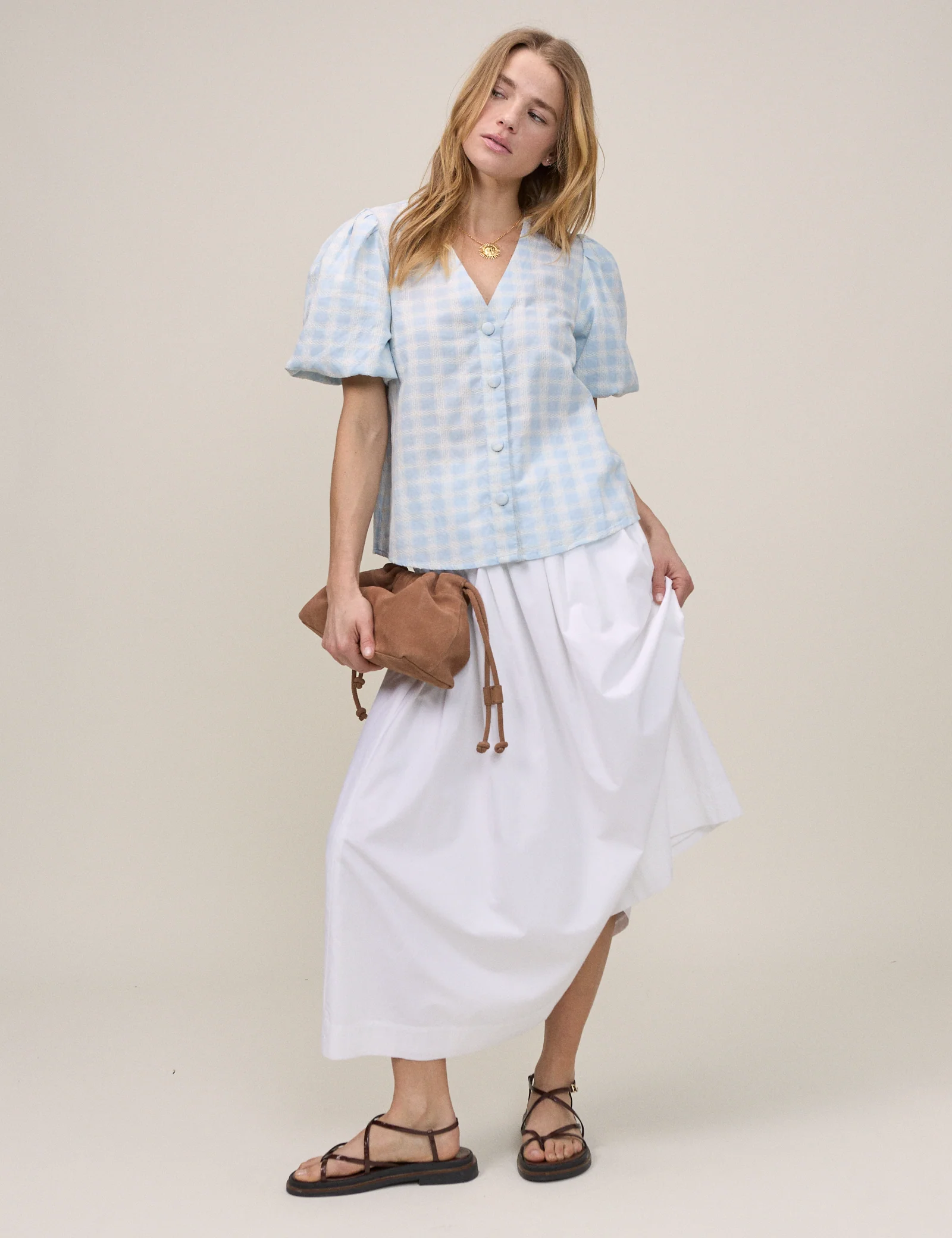 Blue Gingham Puff Sleeve Brooke Top - Image 3
