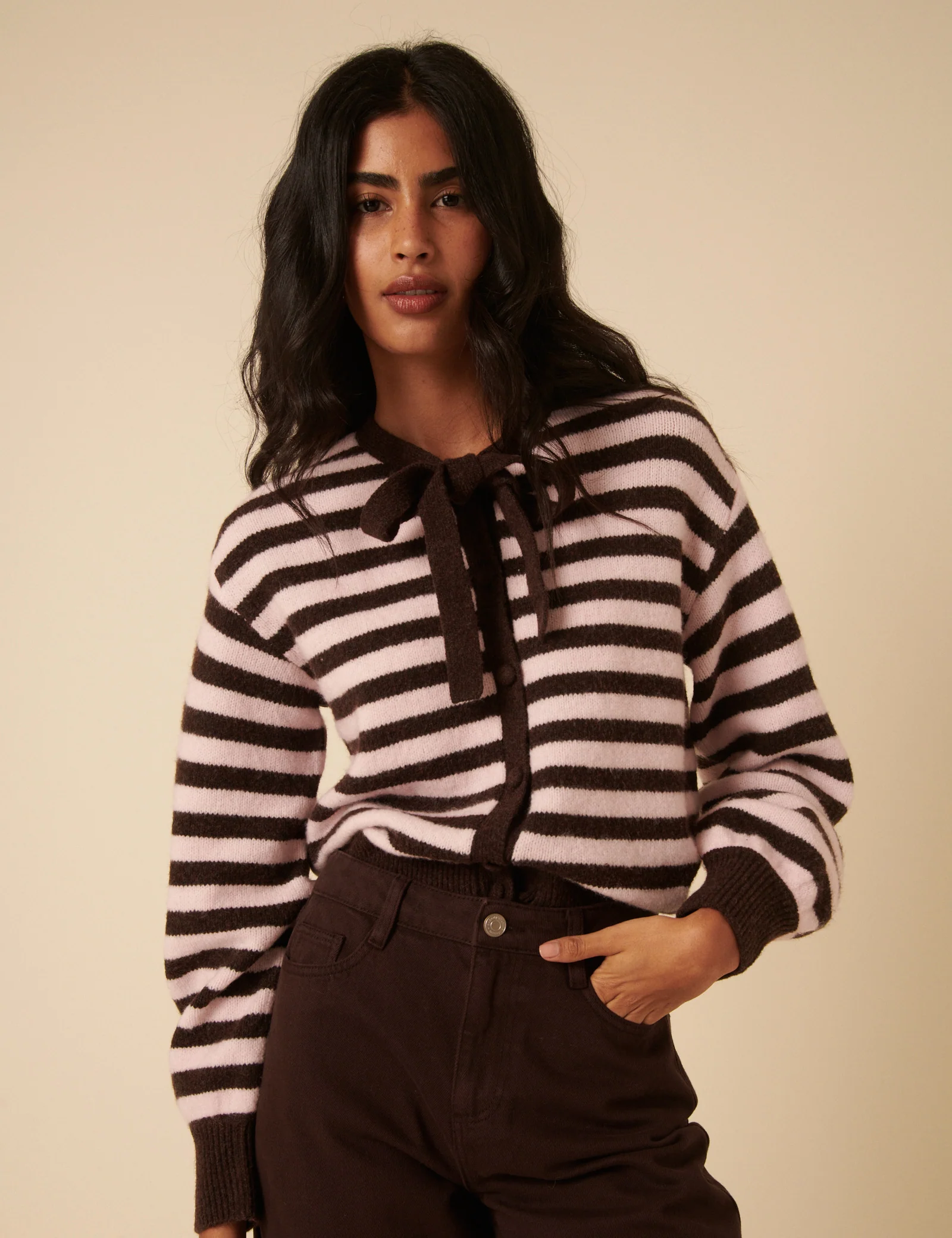 Brown And Pink Striped Tie Neck Cardigan - Image 3