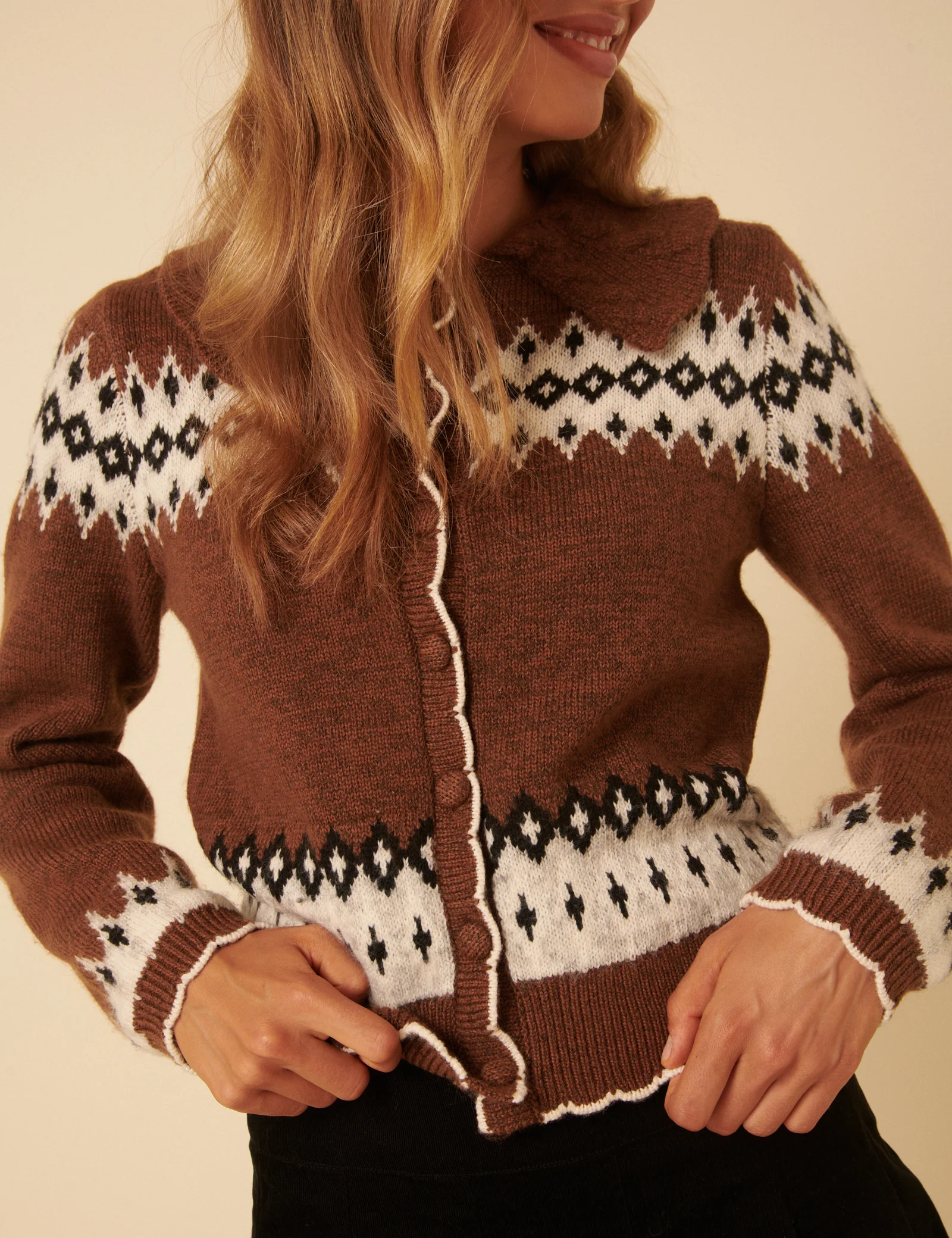Brown And White Fair Isle Collared Cardigan - Image 2