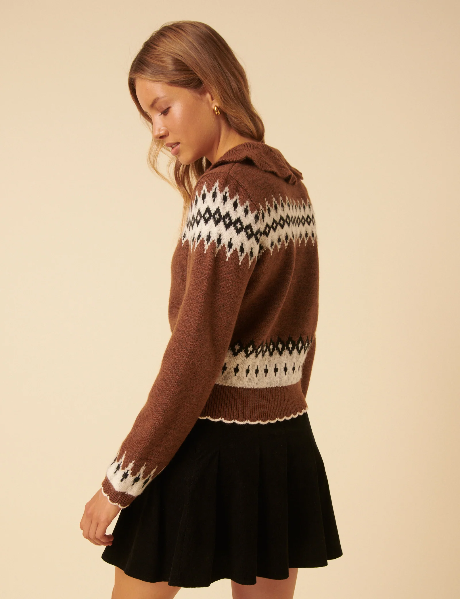 Brown And White Fair Isle Collared Cardigan - Image 5