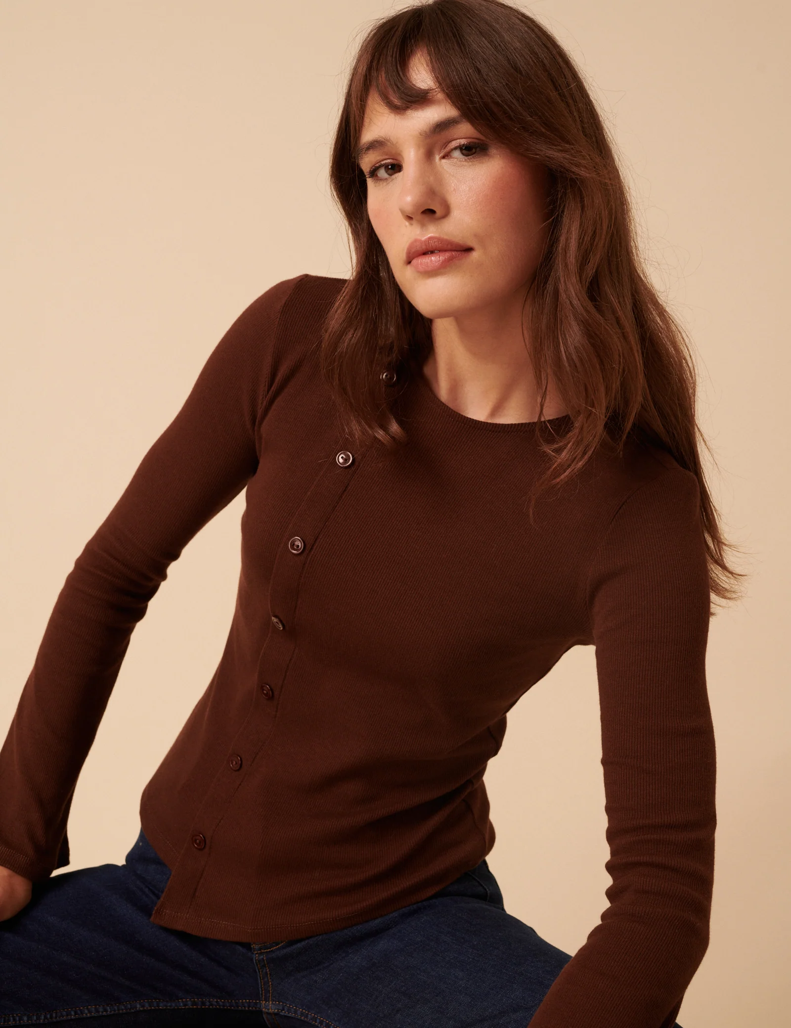 Brown Asymmetric Button Through Top - Image 3