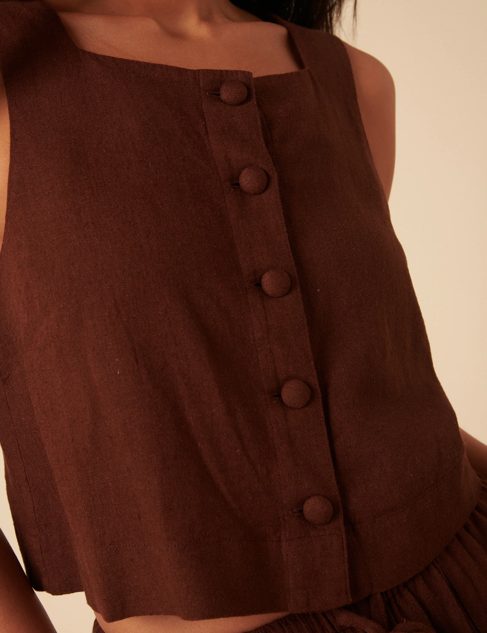 Brown Linen-blend Button Down Swing Top - Image 3