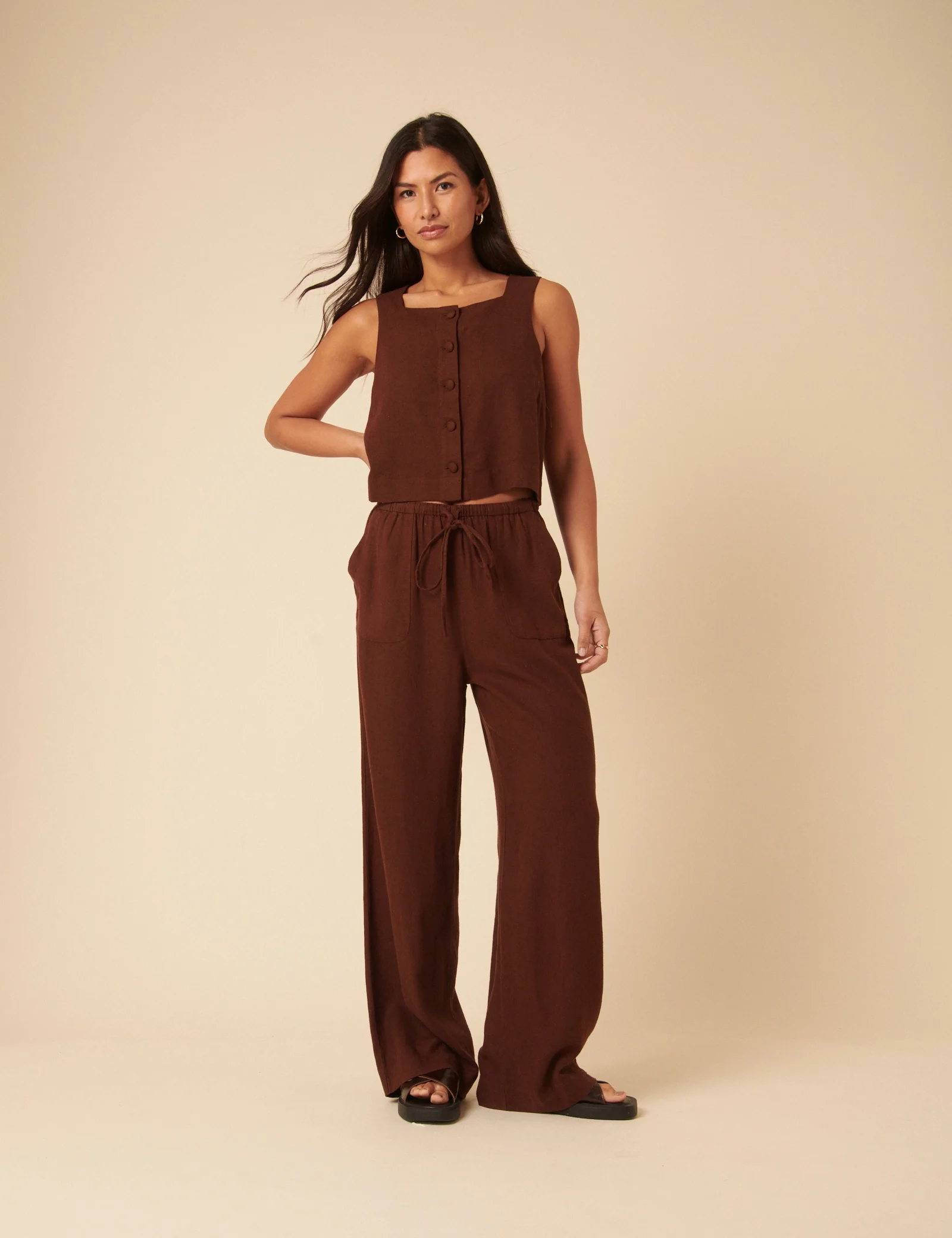 Brown Linen-blend Button Down Swing Top - Image 4