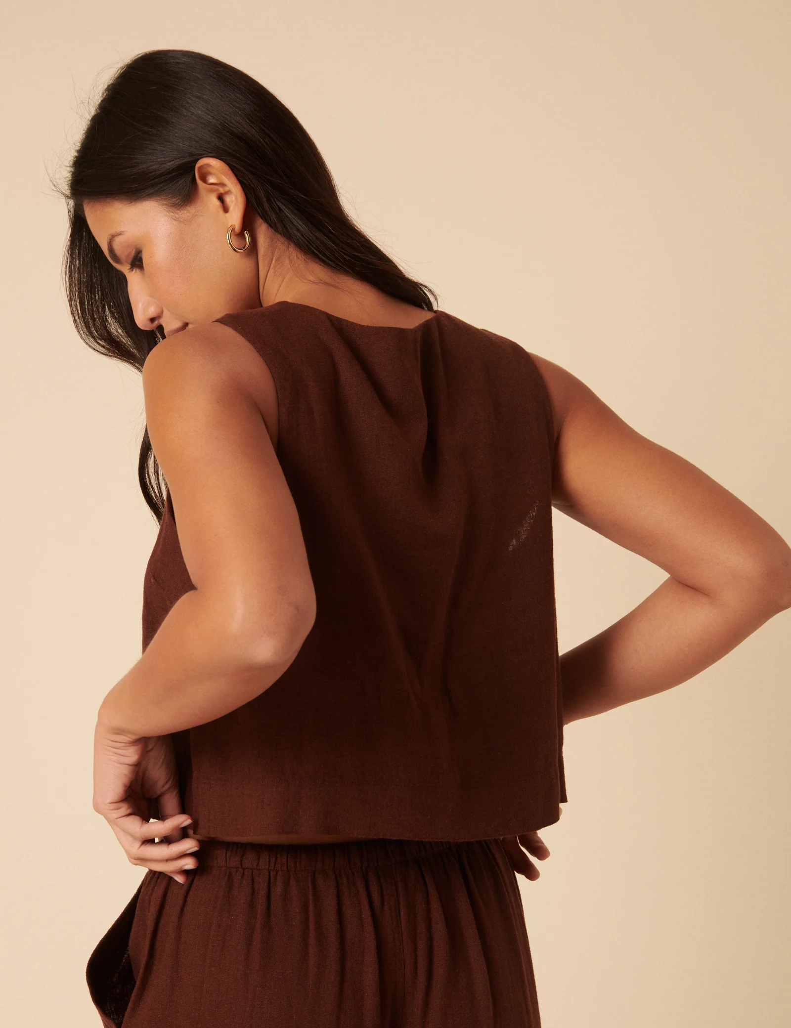 Brown Linen-blend Button Down Swing Top - Image 5