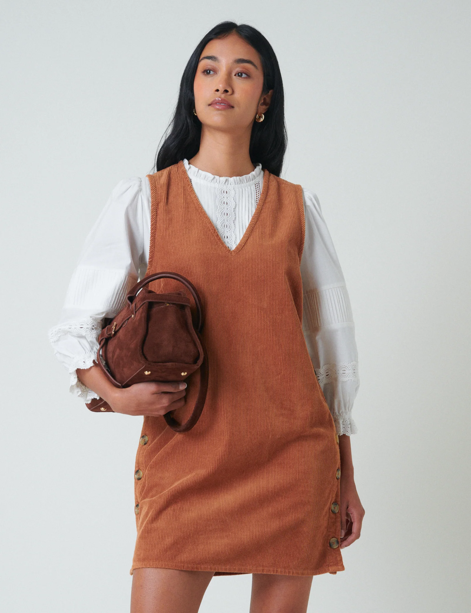 Brown Cord Austin Pinafore Mini Dress - Image 6