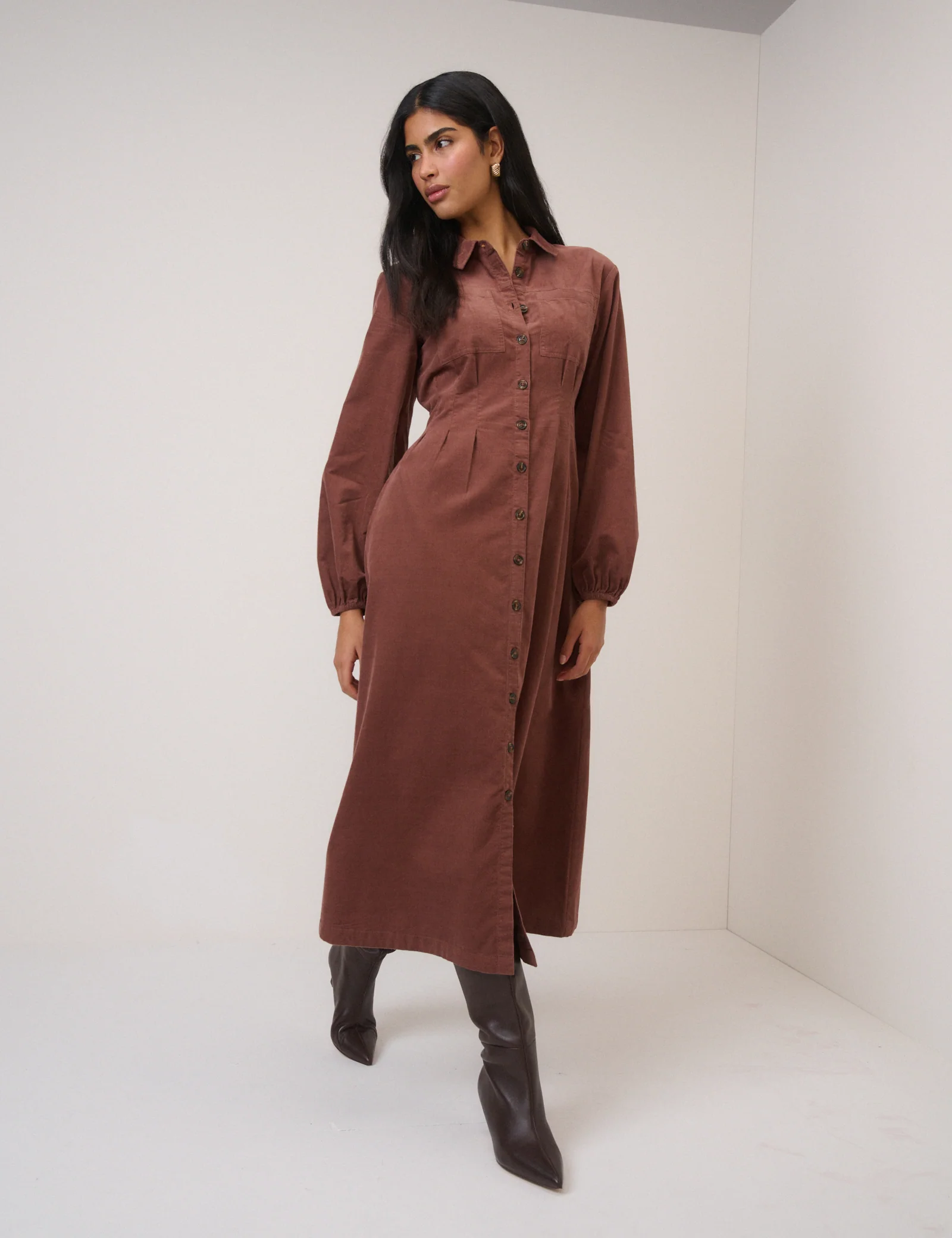 Brown Cord Balloon Sleeve Montego Midi Dress - Image 3