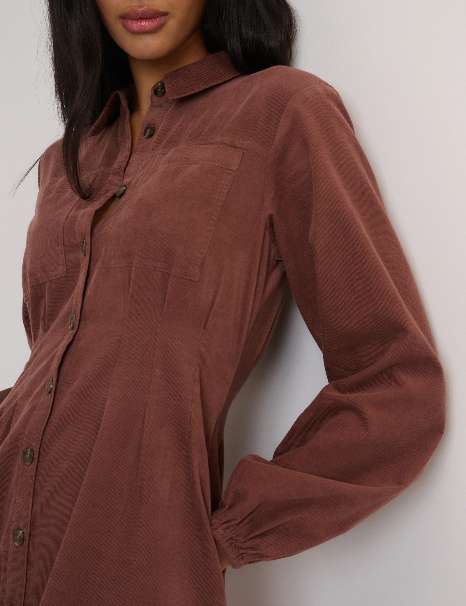 Brown Cord Balloon Sleeve Montego Midi Dress - Image 4