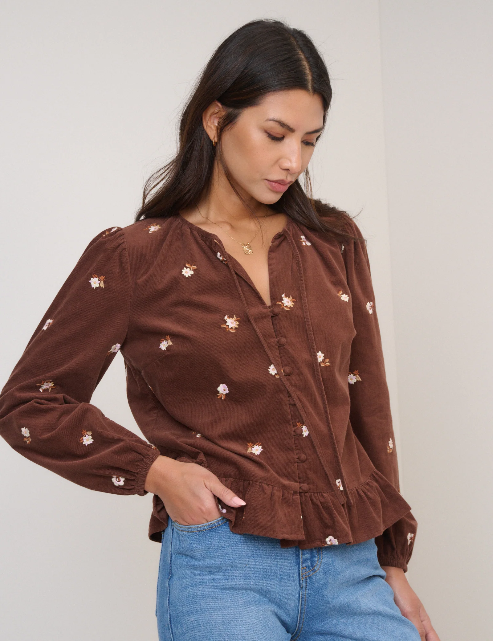 Brown Cord Floral Embroidered Frill Blouse - Image 4
