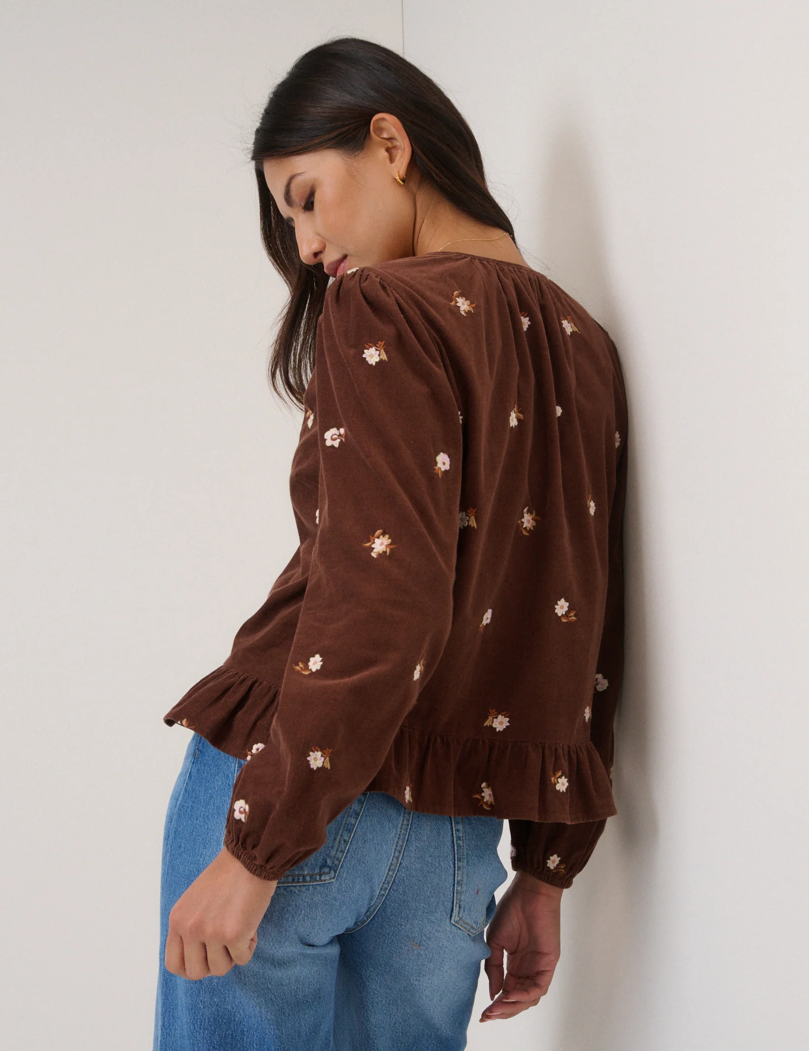 Brown Cord Floral Embroidered Frill Blouse - Image 5