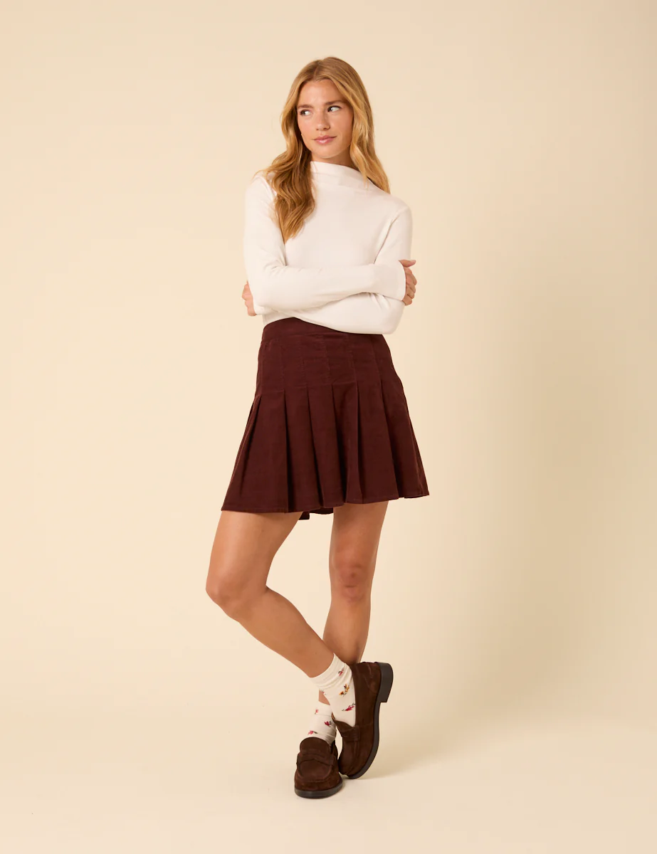Brown Cord Pleated Mini Skirt - Image 4