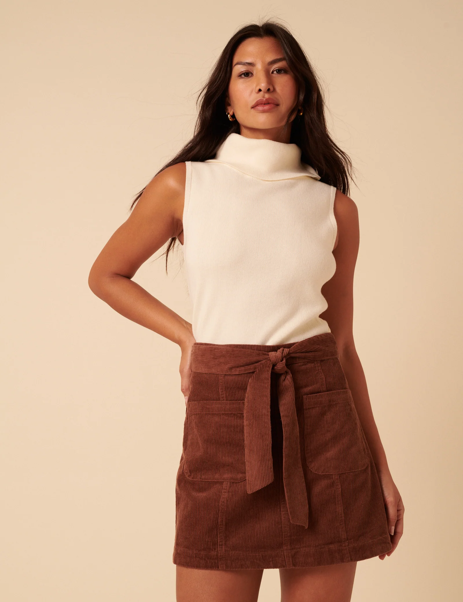 Brown Cord Tie Waist Mini Skirt - Image 4